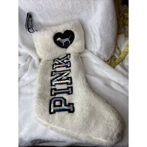 Victoria's Secret Pink White Sherpa Christmas Stocking Limited Edition Logo Dog